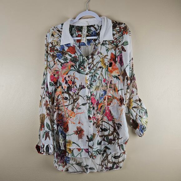 Wearable Art Maxamilist Floral Embroidered Button Down Blouse Bird Detailing M - Picture 1 of 11